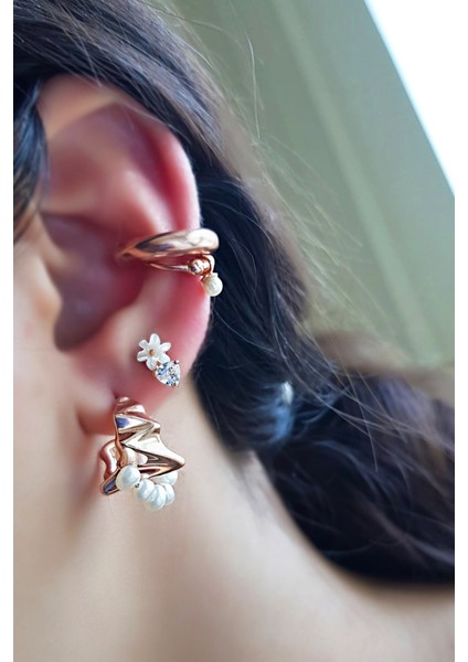 Ithal Tekli Wavy Inci Rose Gümüş Küpe modelleri