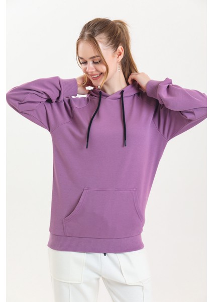 Pembe Kapüşonlu Kanguru Cepli Basic Sweatshirt