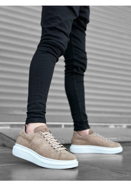 BA0547 Boa Kalın Yüksek Taban Krem Süet Bağcıklı Spor Erkek Ayakkabı modelleri