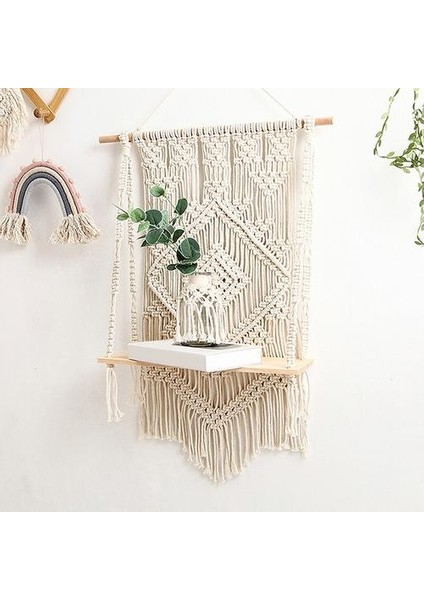 65*50 cm Duvar Asılı Bitki Raf Goblen Makrome Duvar Sanatı El Yapımı Boyalı Goblen Dantel Kumaş Bohemia Püskül Boho Ev Dekorasyon Hediye | Dekoratif Halılar (Yurt Dışından)