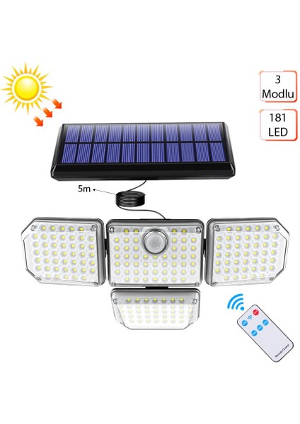 181 Cob Solar LED Hareket Sensörlü Kumandalı Su Geçirmez 3 Mod