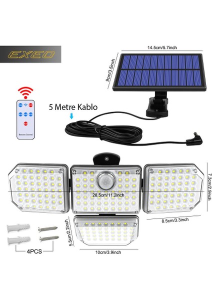 181 Cob Solar LED Hareket Sensörlü Kumandalı Su Geçirmez 3 Mod