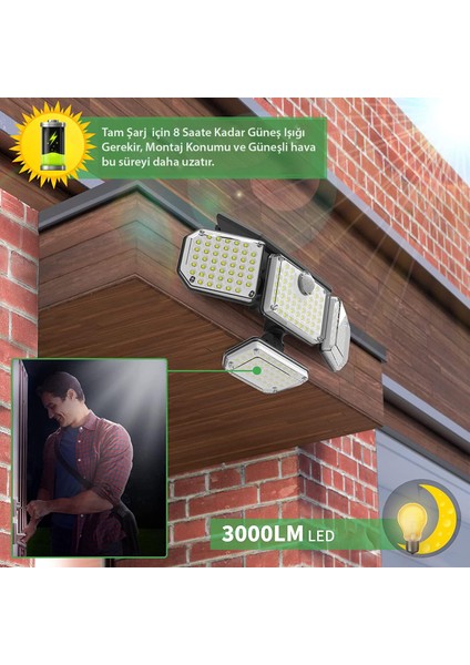 181 Cob Solar LED Hareket Sensörlü Kumandalı Su Geçirmez 3 Mod