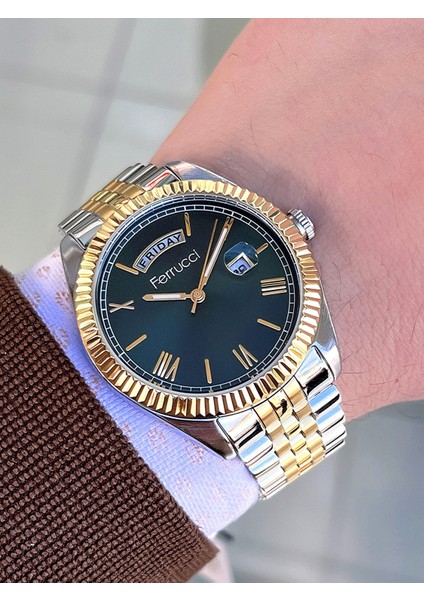 FCF.13029FM.04 Gün&takvimli 30MT Su Geçirmez Çelik Kordonlu Erkek Kol Saati+Bileklik