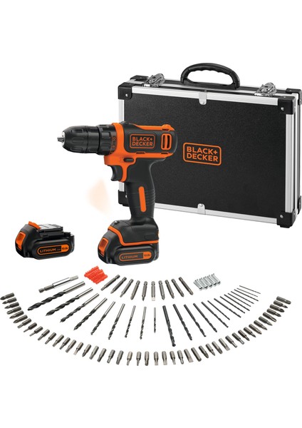 Black & Decker BDCDD12BAFC-QW 10.8V 1.5Ah Li-Ion Şarjlı Matkap Vidalama,Taşıma Çantası,100 Parça Aks. Seti