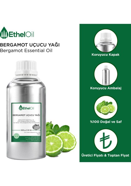 Bergamot Uçucu Yağı - Etheloil - 500 gr - %100 Saf ve Doğal Uçucu Yağ - Üretici Firma, Yüksek Kalite - Bergamot Essential Oil - Citrus Bergamia Risso & Poit.