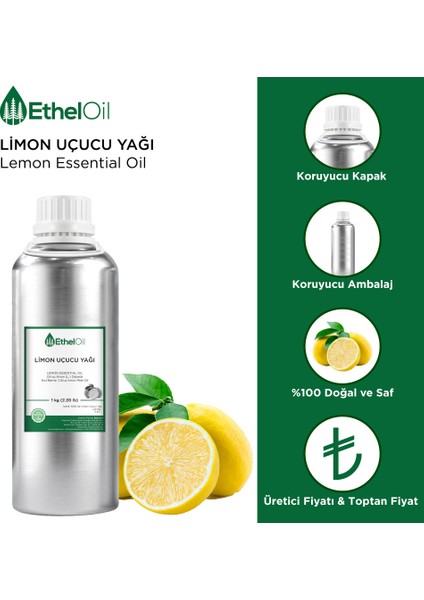 Limon Uçucu Yağı - Etheloil - 1 kg - %100 Saf ve Doğal Uçucu Yağ – Üretici Firma, Yüksek Kalite, Lemon Essential Oil - Citrus Limon (L.) Osbeck