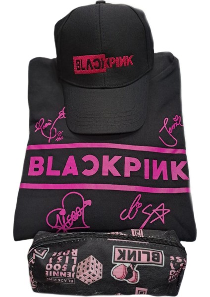 Unisex Blackpink Sweatshirt Kız Çocuk İçin Şapka ve Kalemlik Kombin