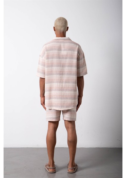 Oversize Çizgili Kısa Kollu Gömlek R1 Pembe