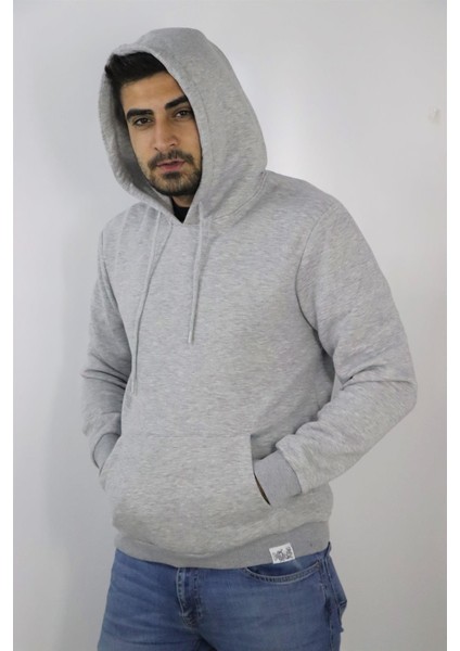 22-6299 Erkek Gri Kanguru Cepli Sweatshirt