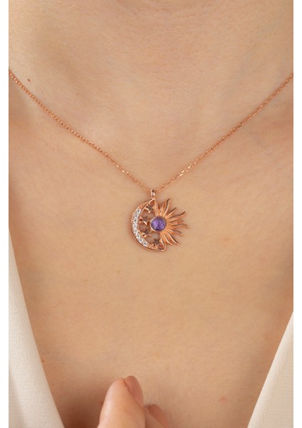 925 Ayar Gümüş Kadın Ametist Taşlı Güneş Ay Yıldız Uyumlu Kolye ESSAKLY621