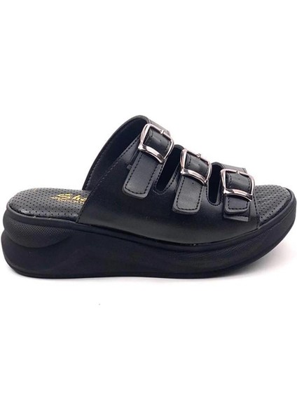 Kadın Siyah Mazer Konfor Ortopedik Taban Tokalı Terlik