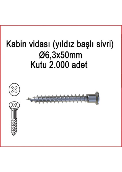 Metal Galvaniz Kabin vidası (yıldız başlı sivri) 06,3x50mm 1000 Adet