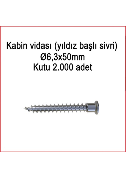 Metal Galvaniz Kabin vidası (yıldız başlı sivri) 06,3x50mm 1000 Adet