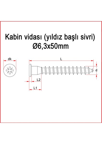 Metal Galvaniz Kabin Vidası (Yıldız Başlı Sivri) 06,3 x 50 mm 100 Adet