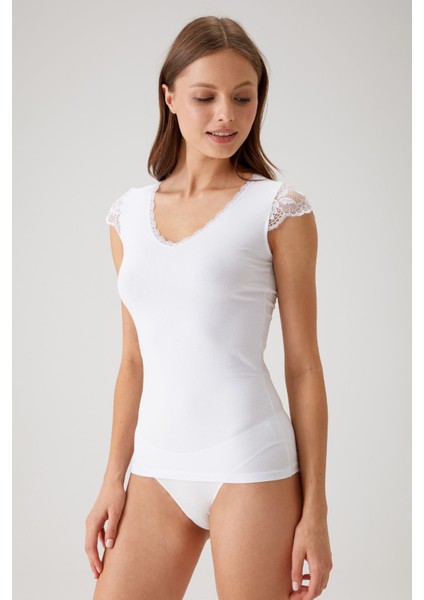 2'li Siyah Beyaz 1027 Dantelli V Yaka Body Atlet Set modelleri