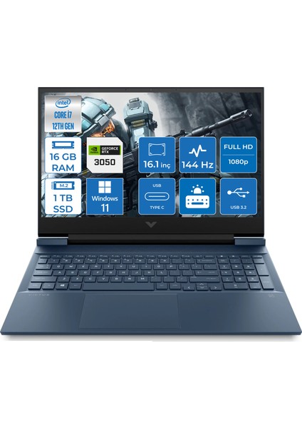 Victus 16-D1016NT Intel Core i7 12700H 16GB 1TB SSD 4GB RTX3050 Windows 11 Pro 16.1" FHD Taşınabilir Bilgisayar 6G0E4EA006