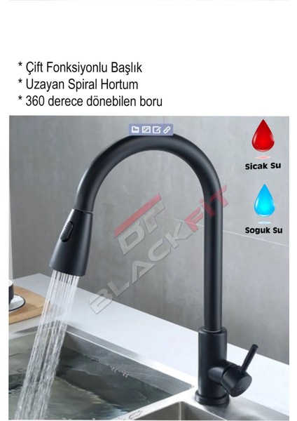 2 Fonksiyonlu Spiralli Siyah Mutfak Eviye Musluğu Çeşmesi Bataryası Sıcak Soğuk Çift Su Girişli modelleri