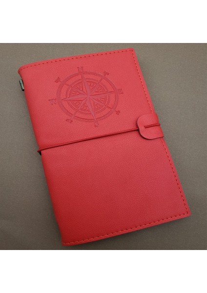 Pusula Tasarımlı Kırmızı Deri Defter