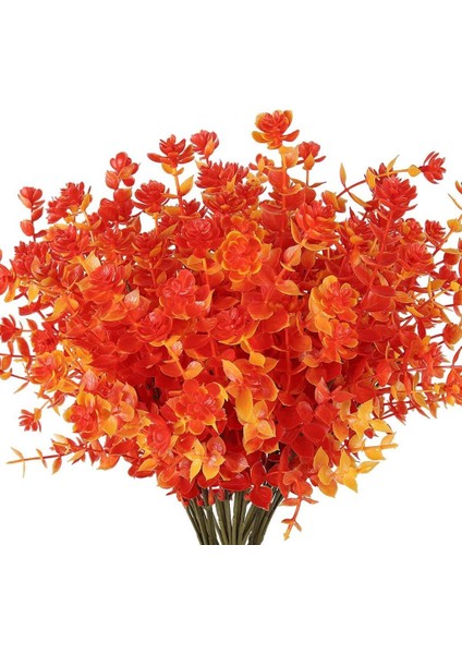 6lı Set Yapay Çiçek Tam Turuncu Mineli Şimşir Lotus 7 Dallı Plastik Dekoratif Yapay Bitki