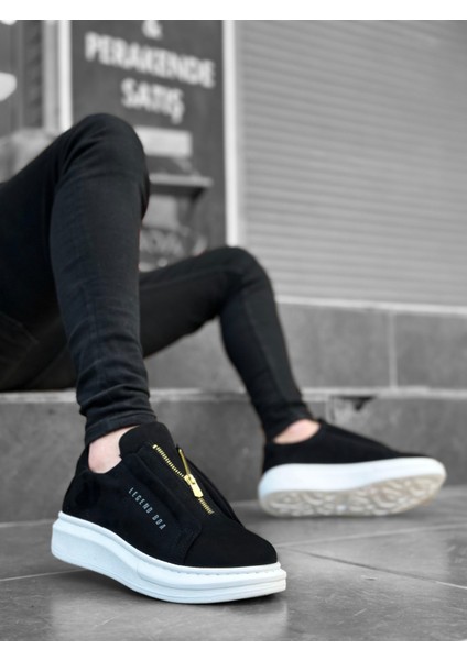 BA0310 Boa Kalın Süet Yüksek Taban Fermuarlı Siyah Beyaz Erkek Ayakkabı