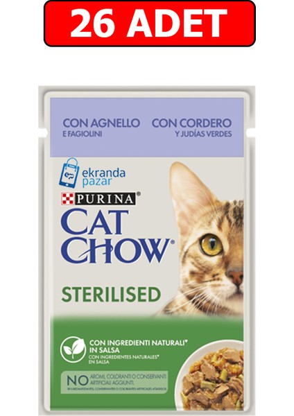 Catchow Sterilised Kuzu Etli ve Yeşil Fasulyeli Kısırlaştırılmış Kedi Yaş Maması 85GR 26 Adet Pouch