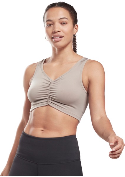 H56396 S Ruched Cropped Tank V Yaka Normal Kalıp Düz Gri Kadın Atlet