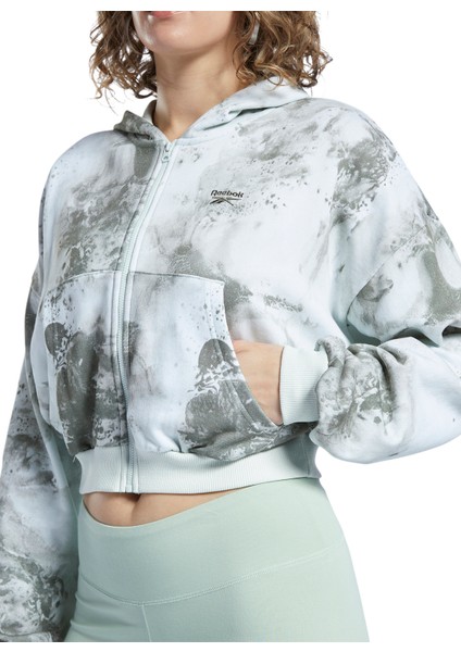 H58674 cl Cloud Splatter Fullzip Kapüşonlu Normal Kalıp Desenli Açık Yeşil Kadın Zip Ceket