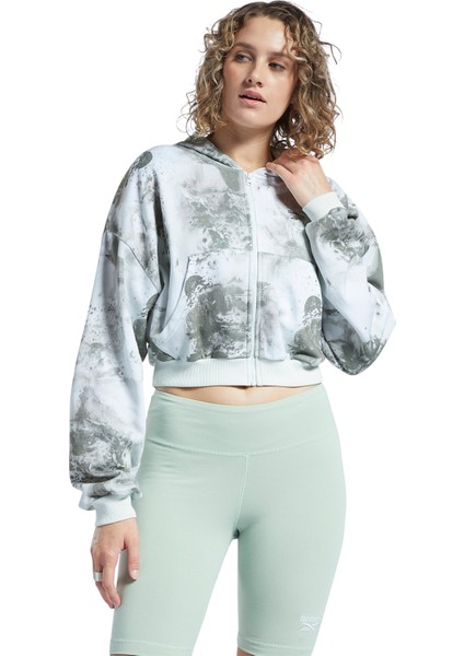 H58674 cl Cloud Splatter Fullzip Kapüşonlu Normal Kalıp Desenli Açık Yeşil Kadın Zip Ceket