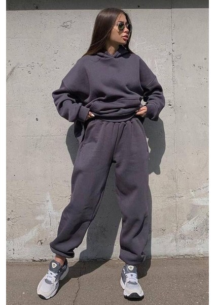 Füme Kapüşonlu Oversize Kadın Eşofman Takımı MG1609