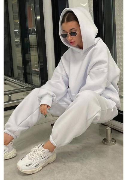 Ekru Kapüşonlu Oversize Kadın Eşofman Takımı MG1609