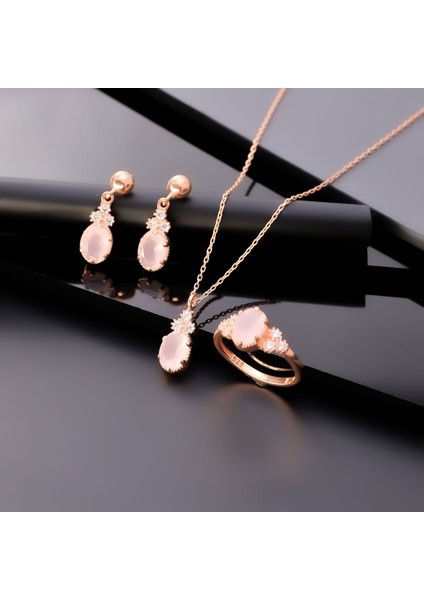 925 Ayar Gümüş Gül Kuvars Taşlı Set