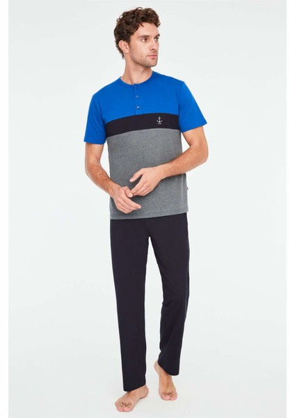 - Erkek Saks Mavi Patlı Pijama Takımı