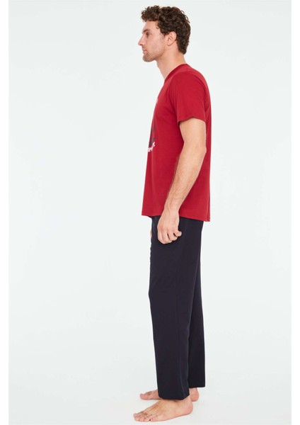 - Erkek Bordo Yuvarlak Yaka Pijama Takımı