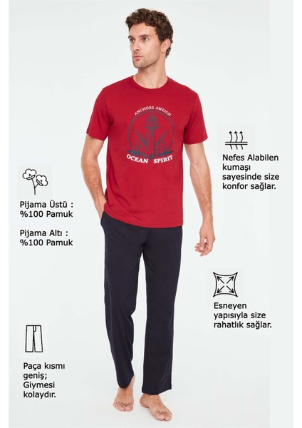 - Erkek Bordo Yuvarlak Yaka Pijama Takımı
