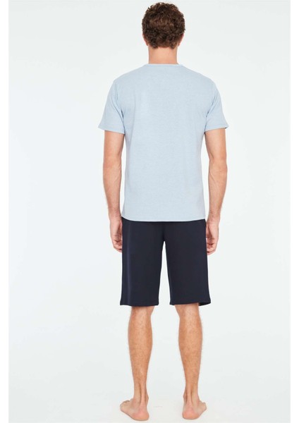 - Erkek Mavi Melanj T-Shirt Şort Takımı