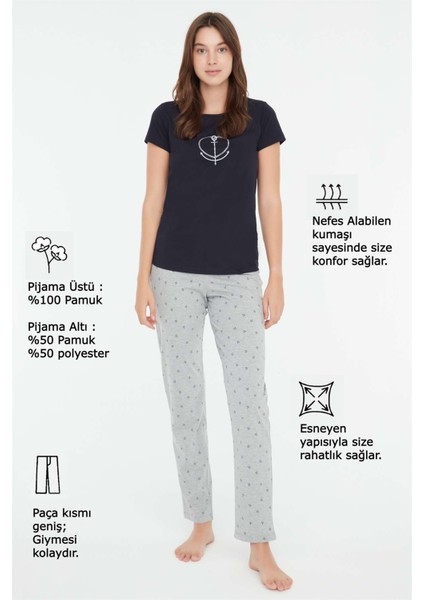 - Kadın Lacivert Yuvarlak Yaka Pijama Takımı 3849