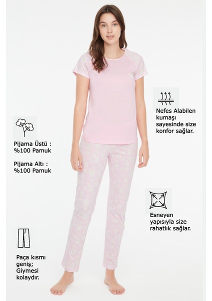 - Kadın Pembe Yuvarlak Yaka Pijama Takımı 3857