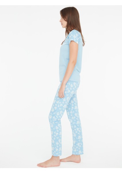 - Kadın Mavi Yuvarlak Yaka Pijama Takımı 3857