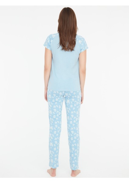 - Kadın Mavi Yuvarlak Yaka Pijama Takımı 3857