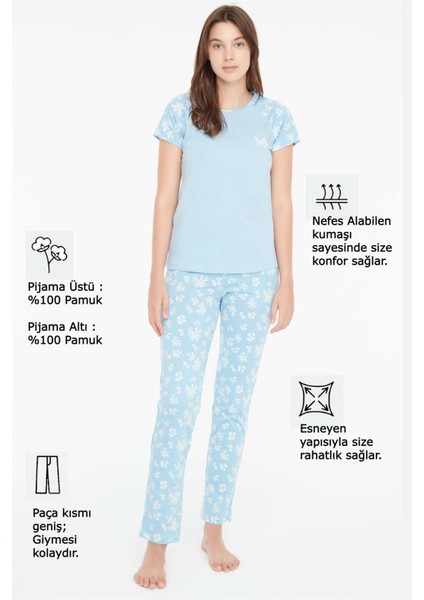 - Kadın Mavi Yuvarlak Yaka Pijama Takımı 3857