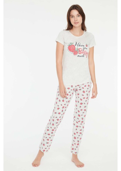 - Kadın Kar Melanj Yuvarlak Yaka Pijama Takımı 3864