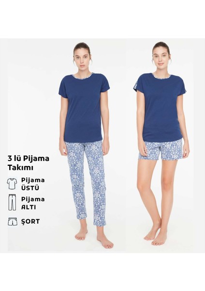 - Kadın Lacivert 3 Lü Pijama Takımı 3869