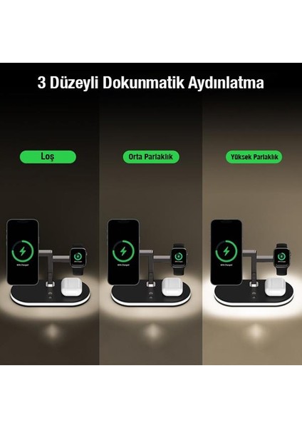 Polham 15W 4in1 Gece Lambalı Magsafe Kablosuz Şarj Standı, Iphone, Apple Watch ve Airpods Pro/2 Şarj