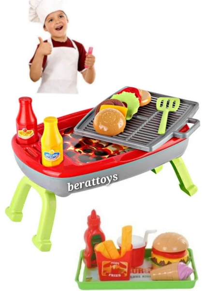 Berattoys Oyuncak Mangal Barbekü Set Tepsili Hamburger Oyuncak Yemek Seti Mutfak Seti