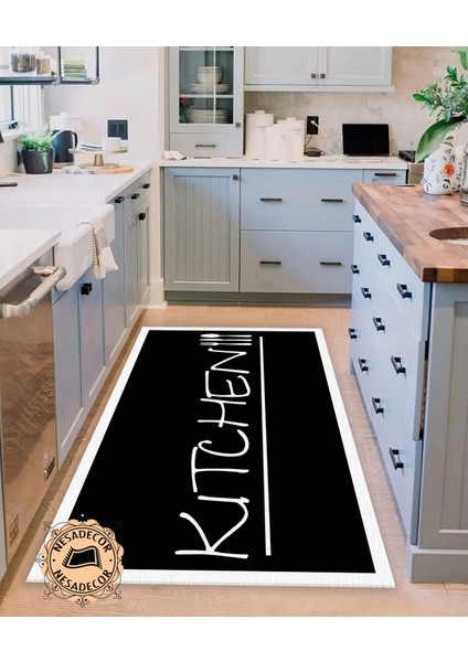 Beyaz Kenarlı Modern Halı Makinede Yıkanabilir Dekoratif Yolluk Kitchen Yazılı Mutfak Halısı