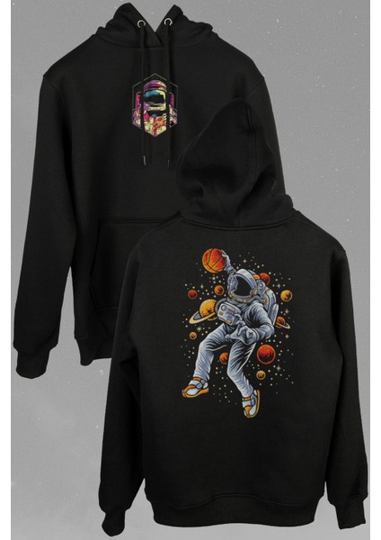 Uzayda Satürn Gezegeni Basketbol Astronot Ön ve Arka Baskılı Sweatshirt Unisex Kapüşonlu Hoodie