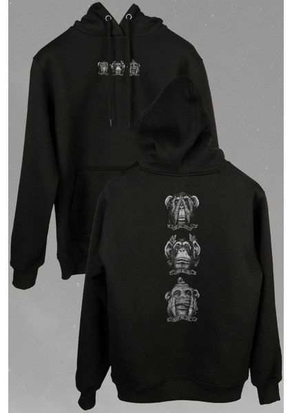 3 Üç Maymun Görmedim Duymadım Bilmiyorum Ön ve Arka Baskılı Sweatshirt Unisex Kapüşonlu Hoodie