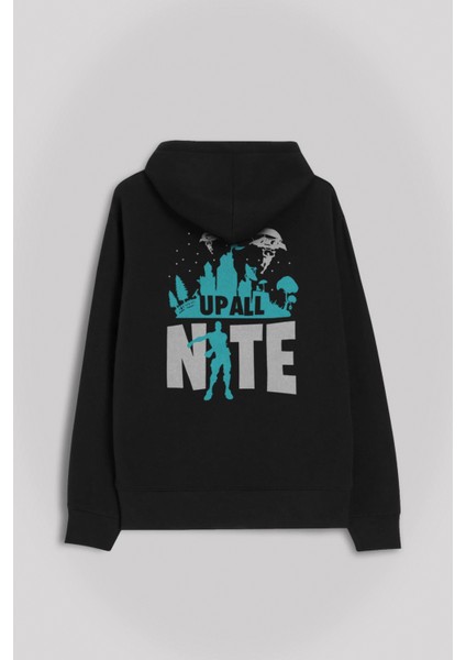 Fortnite Up All Nite Ön ve Arka Baskılı Sweatshirt Unisex Kapüşonlu Hoodie