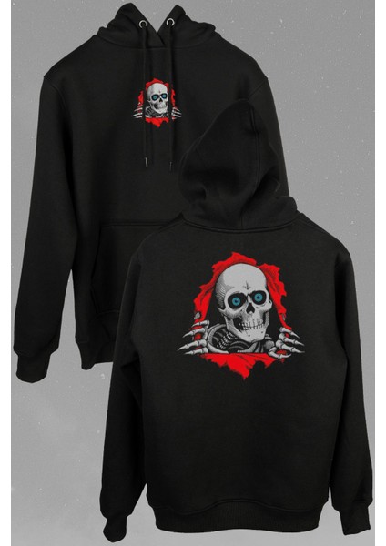 Powell Peralta Skull Kuru Kafa Skeleton Mavi Göz Ön ve Arka Baskılı Sweatshirt Unisex Kapüşonlu Hoodie